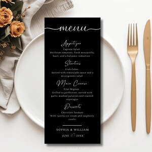 Cartão de menu preto elegante - Modelo de menu moderno para impressão para casamentos e jantares - Tema de casamento monocromático - Casamento de menu elegante, #016/1