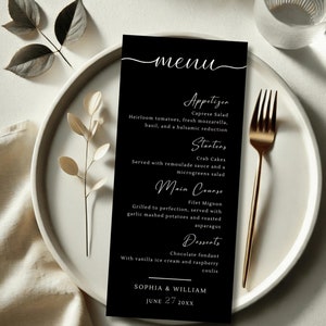 Zwarte menukaart bruiloft | Elegante dinermenusjabloon | Modern afdrukbaar menu voor zwart-witbruiloft | Zwarte feestmenukaart | #016/2