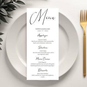 Modèle de Menu de mariage moderne - élégante carte de menu imprimable, carte de menu minimaliste pour une décoration de table de mariage, menu d'événement chic, #020