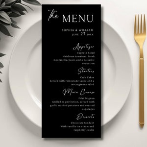 Minimalistische zwarte bruiloft menusjabloon, afdrukbare moderne menukaart, elegant zwart feestmenu, afdrukbare sjabloon bruiloft tabel decor, #017/1