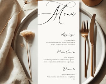 Sjabloon moderne bruiloftsmenu - minimalistisch ontwerp voor receptie, afdrukbare tafelkaart, aangepast digitaal dinermenu voor bruiloft, #023/1