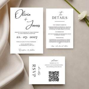 May include: Wedding invitation with a white background and black text. The invitation includes the names Olivia and James, the date 21.07.2027, the time three o'clock in the afternoon, the location Olivia Wilson Hall, 123 Anywhere St., Any City, and the RSVP information. The invitation also includes a QR code for guests to RSVP online.