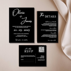 Minimalistische schwarze Hochzeitseinladung mit QR Code, Benutzerdefinierte Schwarz Weiß Hochzeitseinladung Set mit Detailkarte, #018