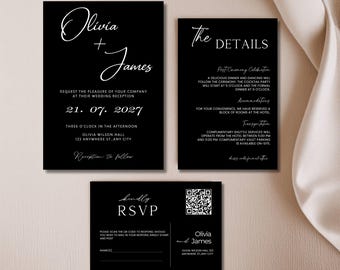 Minimalist Black Wedding Invitation Set with QR Code, Black Digital Wedding Suite with Details Card, Custom Black White Suite Download, #018