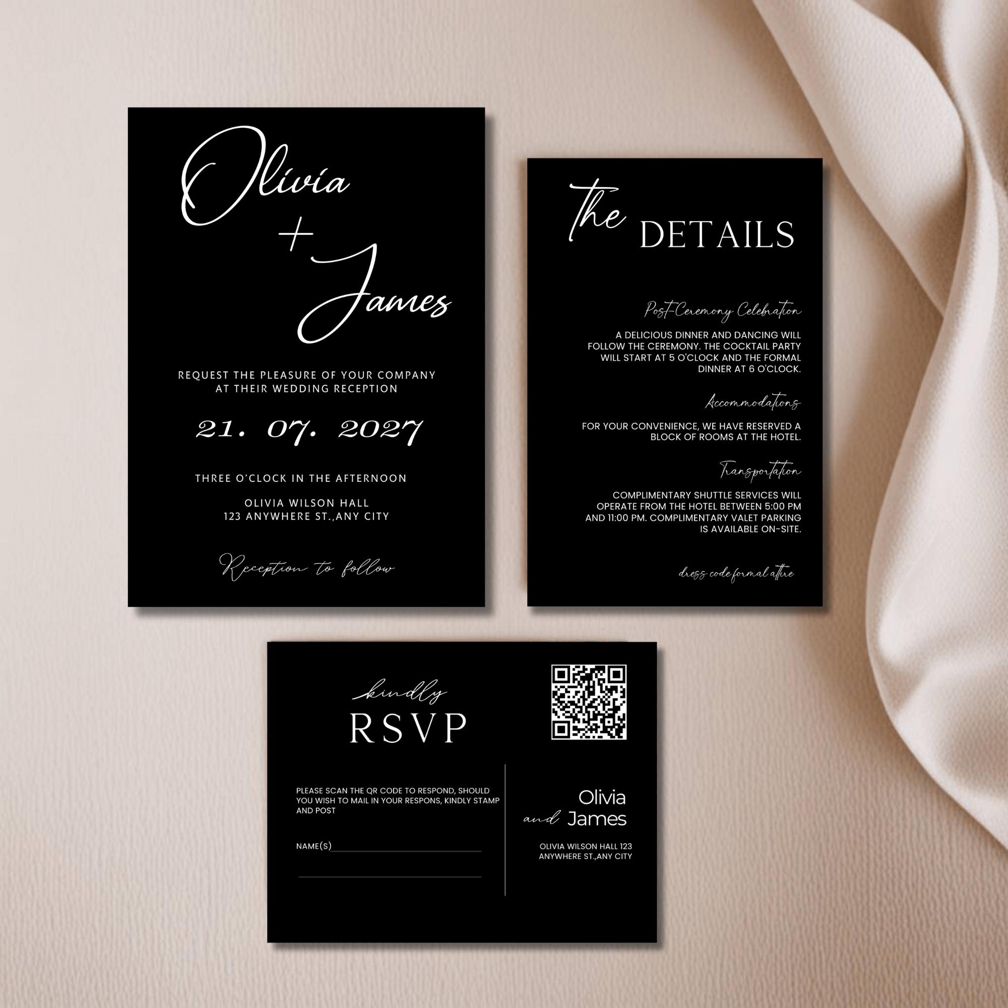Minimalist Black Wedding Invitation Set With QR Code, Black