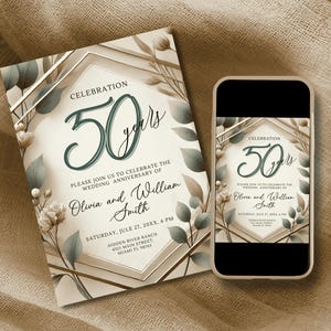 Invitation d'anniversaire de mariage pour les 40, 50 et 60 ans, modèle modifiable d'anniversaire d'or, invitation numérique pour la célébration de mariage, #030/1