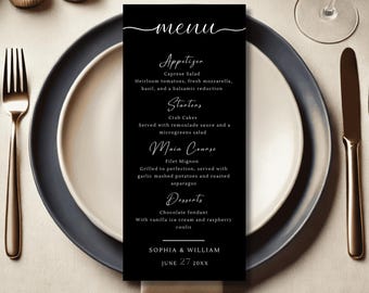 Elegant Black Wedding Menu Template, Editable Minimalist Dinner Menu, Printable Menu Card - Personalized Designs for Your Special Day, #016