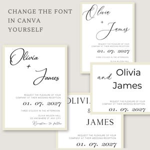 May include: Wedding invitation cards with white background and black text. The cards feature the names Olivia and James, the date 01. 07. 2027, and the text "Request the pleasure of your company at their wedding reception".