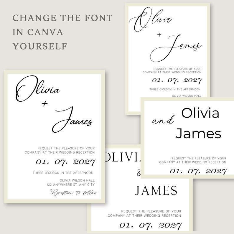 May include: Wedding invitation cards with white background and black text. The cards feature the names Olivia and James, the date 01. 07. 2027, and the text "Request the pleasure of your company at their wedding reception".