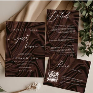 May include: A set of wedding invitation cards with a dark brown, satin-effect background. The suite includes details, RSVP, and main invitation cards. Text includes "Nothing Fancy, Just Love" and the wedding date, June 27, 20XX.