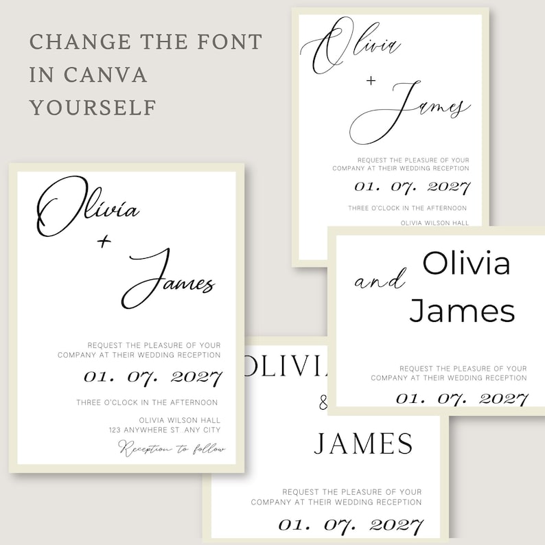 May include: Wedding invitation cards with white background and black text. The cards feature the names Olivia and James, the date 01. 07. 2027, and the text "Request the pleasure of your company at their wedding reception".