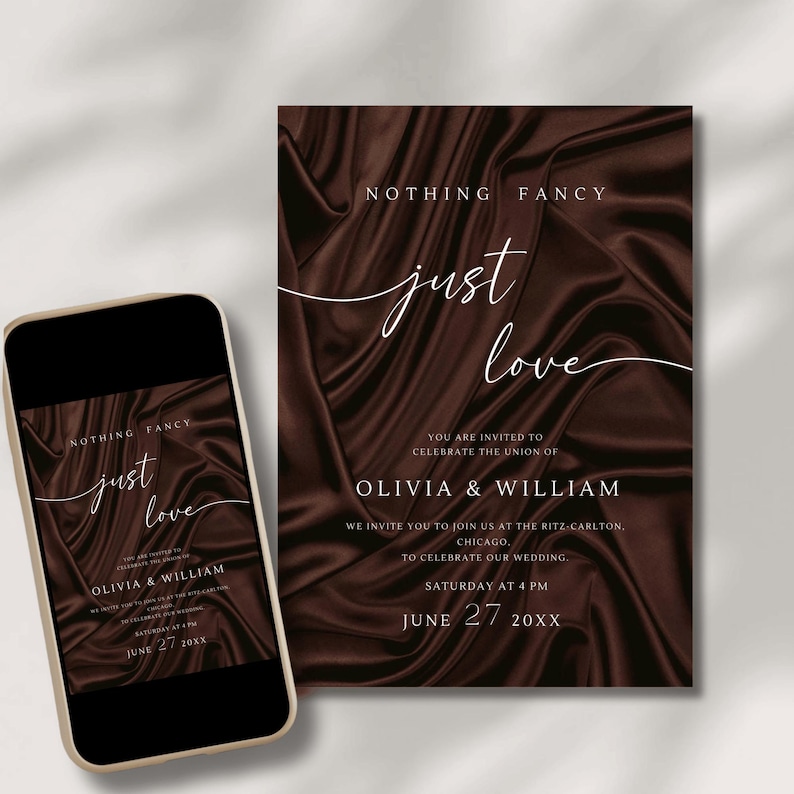 Brown Wedding Template, Nothing Fancy Just Love Digital Invitation, Elopement & Reception Invite, Textured Online Wedding Invitation