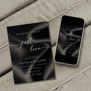 Czarne zaproszenie na ślub – po prostu miłość, nic specjalnego – edytowalny szablon cyfrowy na ucieczkę, przyjęcie – zaproszenie na iPhone’a i e-mail, #027/9