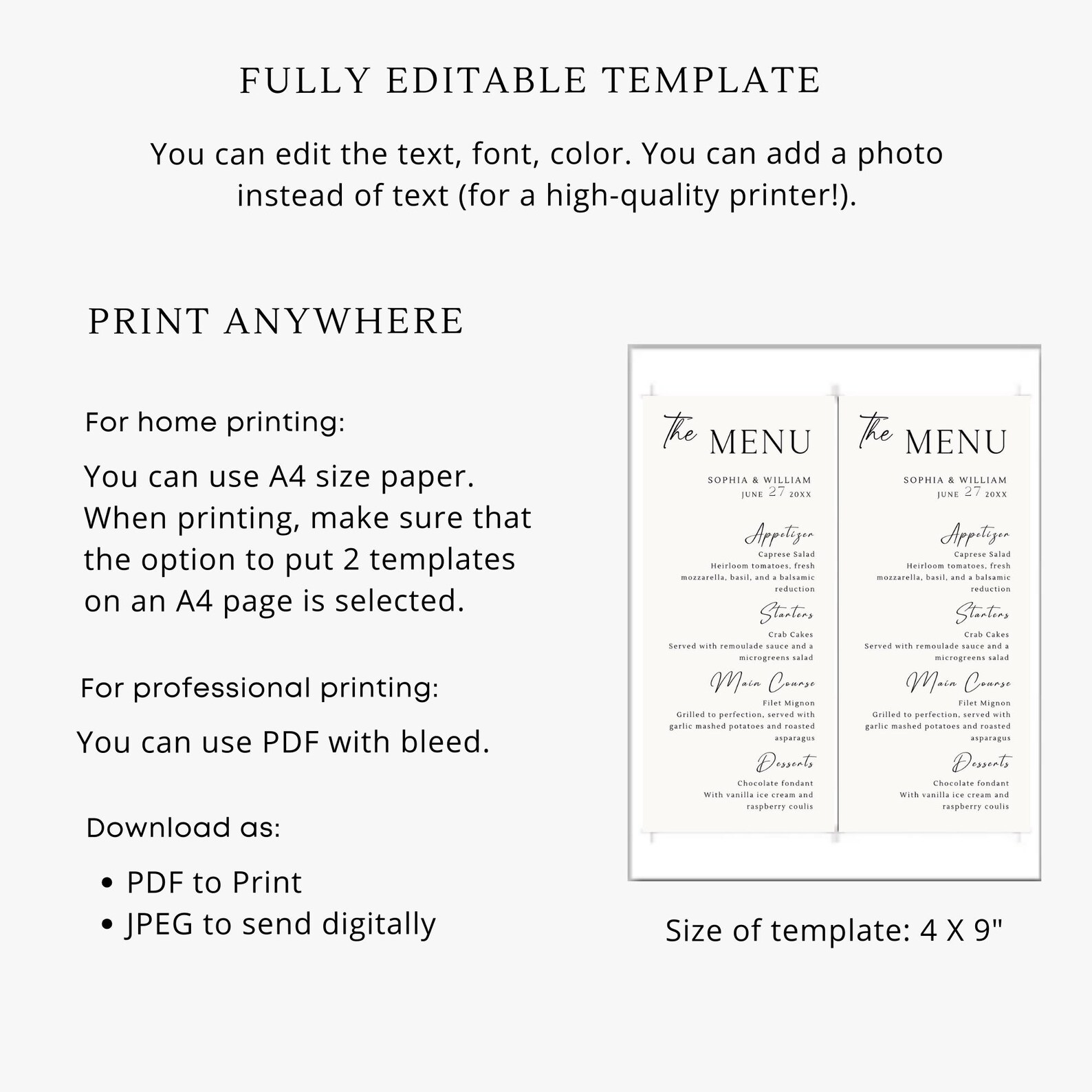 Elegant Wedding Menu Template | Modern Dinner Menu Card | Printable ...