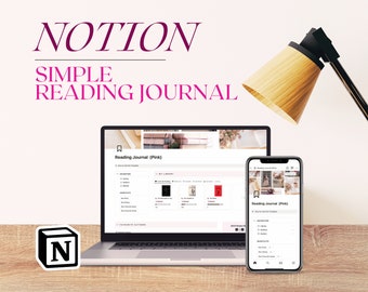May include: A laptop and a smartphone displaying a Notion workspace with the title "Reading Journal (Pink)". The workspace is organized with sections for navigation, my library, favorite authors, and new favorite quotes. The Notion logo is in the lower left corner of the image.