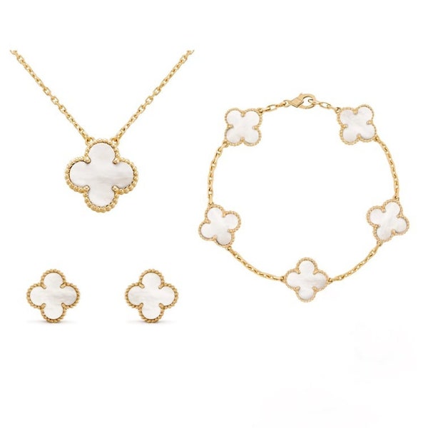 18K Gold / Silver Plated High Quality Four Leaf Clover Jewelry Sets Bracelet Necklace Earrings Set | Alhambra Mother Of Pearl VCA Van Cleef