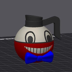 May include: A spherical character figure featuring a white upper half with black oval eyes and a red lower half with a wide, toothy grin. The figure has a black lid-like top with a handle extending to the right and a bright blue bow tie.