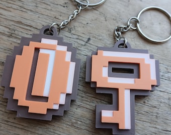 Retro 8bit Coin and Key keychain set