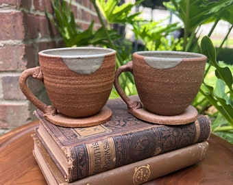 Set of 2 Handmade Pottery Mugs with Beautiful Glazing | Unique Wide “Saucer-Like” Bottoms