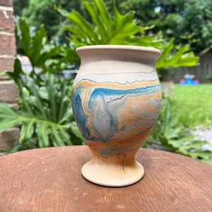 Vinatge Nemadji Earth Pottery Vase Handmade With Orange & Turquoise Swirl