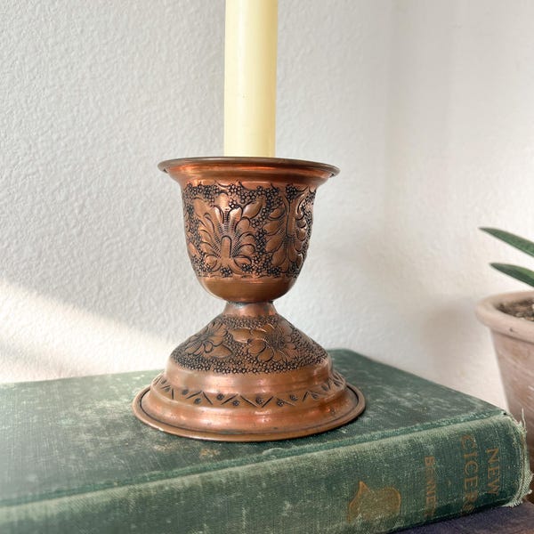 Vintage Floral Etched Copper Candlestick Holder | Chunky
