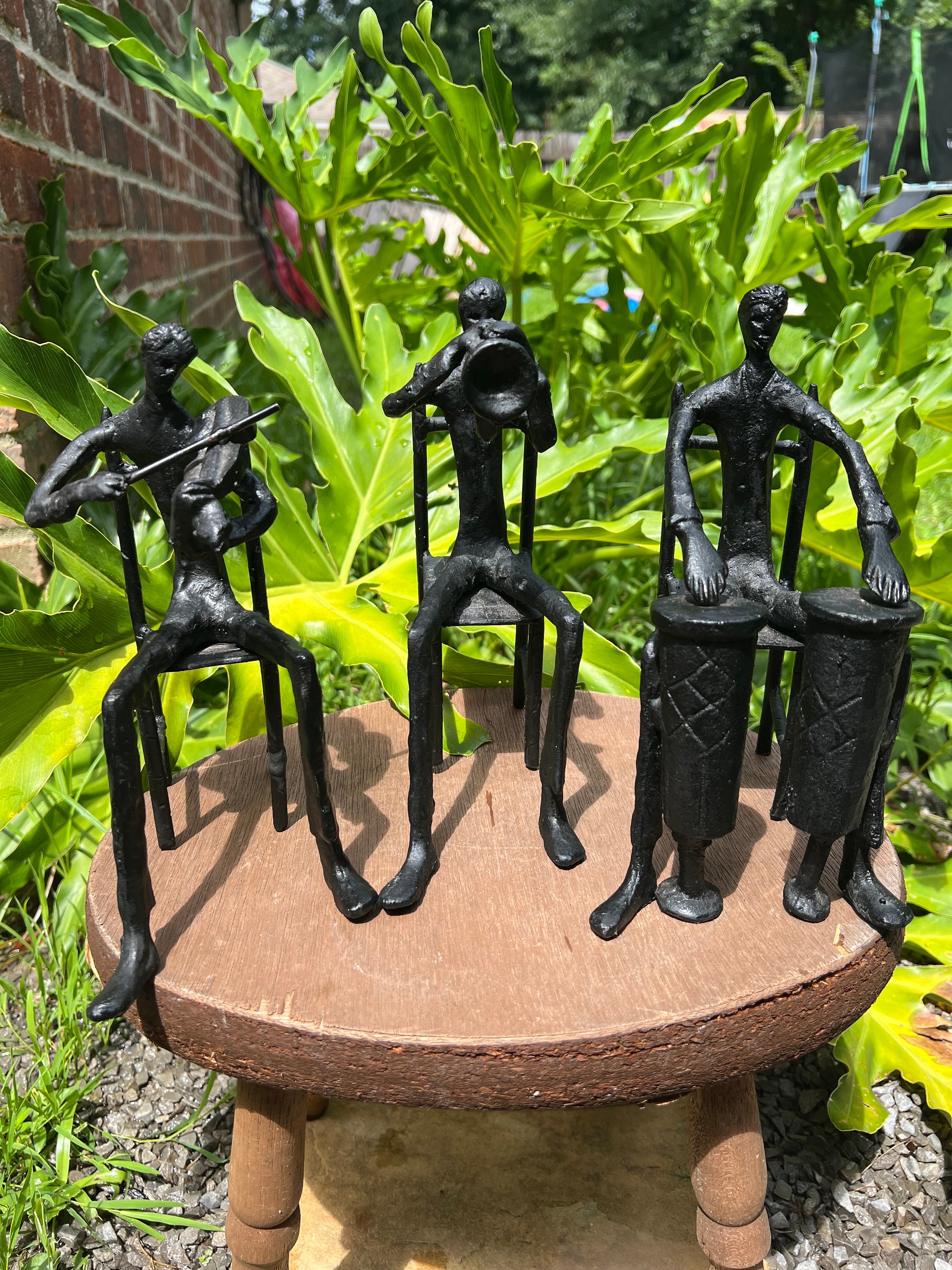 Set of 3 Cast Iron Heavy Brutalist Musician Art Sculptures | Drummer | Violinist | Trumpet Player