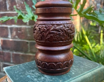 Vintage Handcarved Wooden Jar with Flower Detailing | Container | Herb Jar
