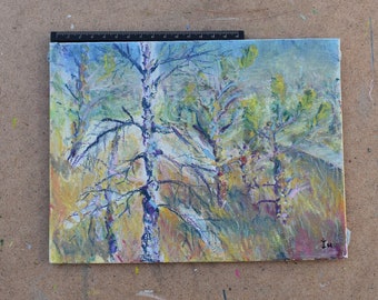 Dead pine in peatland - oil pastel on canvas, h 18 cm × w 24 cm. Wetland landscape from Männikjarv in Estonia