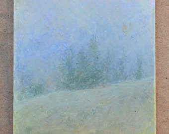 In Wolken gehüllte Karpaten – Ölpastell auf Leinwand, H 24 cm × B 18 cm. Die Landschaft zeigt das Gorgany-Gebirge in der Westukraine