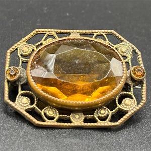 Antique Art Deco Amber Glass Filigree Brooch | Early 20th Century Costume Jewelry | Edwardian to Art Deco Transition | Collector's Piece