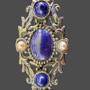Vintage Victorian Revival Brooch | Ornate Filigree Jewelry | Blue Cabochon and Faux Pearl Pin | 1950s–1970s