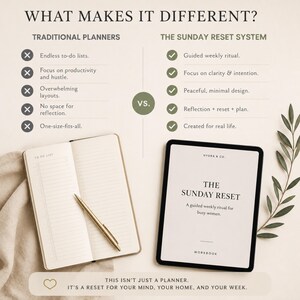 Op de afbeelding: Een vergelijkingstabel getiteld WHAT MAKES IT DIFFERENT? die traditionele planners afzet tegen The Sunday Reset System. Het toont een open notitieboek met een gouden pen en een tablet met de titel van het werkboek in beeld.