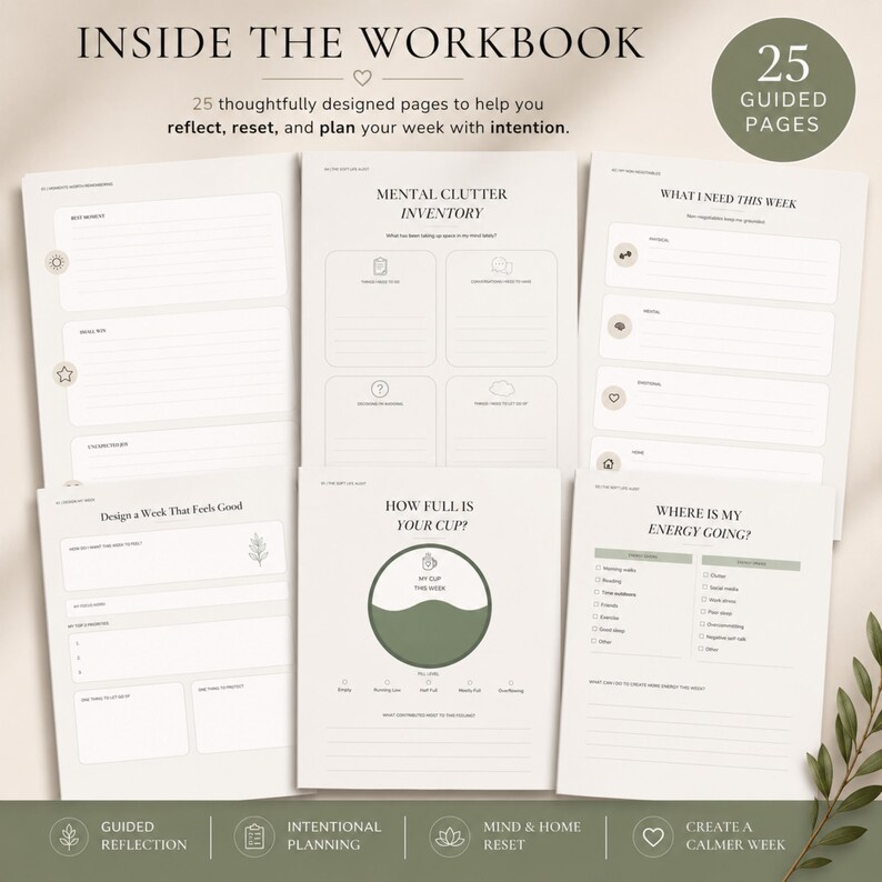 Op de afbeelding: Een set van 25 begeleide werkboekpagina's met secties getiteld Mental Clutter Inventory, What I Need This Week, Design a Week That Feels Good, How Full Is Your Cup en Where Is My Energy Going, voorzien van gelinieerde ruimtes en selectievakjes.