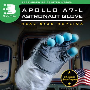 Könnte beinhalten: Ein 3D-gedruckter Nachbau eines Apollo A7-L Astronauten-Handschuhs. Der Handschuh ist grau mit hellblauen Fingerspitzen und einem weißen Bündchen. Der Text "REAL SIZE REPLICA" und "US Historic Space Program" ist sichtbar.