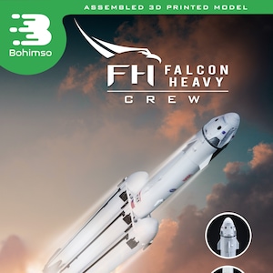 May include: A 3D printed model of a Falcon Heavy Crew rocket, assembled and ready to launch. The model is 19 inches tall and includes a baseplate, high detailed parts, and a handmade assembling.