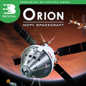 May include: A 3D printed model of the Orion spacecraft, assembled and ready to display. The model is 7.9 inches long and includes a baseplate. The model is set against a backdrop of Mars, with a red and orange color scheme. The model is made of high-detailed parts and includes a 3-inch laptop sticker.