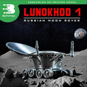 May include: A 3D printed model of the Lunokhod 1 Russian Moon Rover, assembled and displayed on a lunar surface. The model is 4.7 inches long and includes a baseplate. The model is made of high-detailed parts.