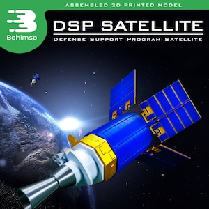 May include: A 3D printed model of a blue and yellow DSP satellite, assembled and ready to be displayed. The satellite is 9.8 inches long and includes a special baseplate. The model is made of high-detailed parts.