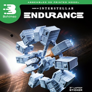 May include: A 3D printed model of the Endurance spacecraft from the movie Interstellar. The model is assembled and stands 7 inches tall. It includes a special baseplate and a 3-inch laptop sticker. The model is made of white plastic and has a detailed design.