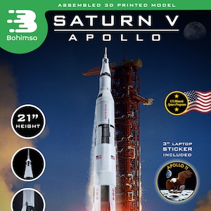 May include: An assembled 3D printed model of the Saturn V rocket, standing 21 inches tall. The model is detailed with the US flag and the words "Saturn V Apollo" and "US Historic Space Program".