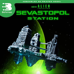 May include: A 3D printed model of the Sevastopol space station from the Alien: Isolation video game. The model is assembled and features highly detailed parts. The station is shown against a green background with a bright light in the center.