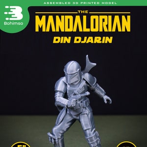 May include: A 3D printed model of The Mandalorian, Din Djarin, standing 12.7 cm tall. The model is made of grey plastic and is highly detailed. The model is assembled and ready to be displayed.