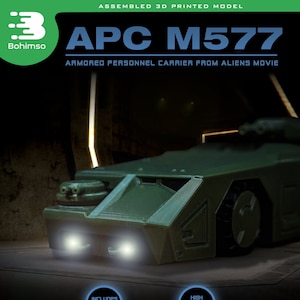 Puede incluir: Un modelo de APC M577, un vehículo blindado de transporte de personal, impreso en 3D y de color verde, de la película Aliens. El modelo está ensamblado y tiene partes móviles. Está hecho a mano e incluye partes detalladas.
