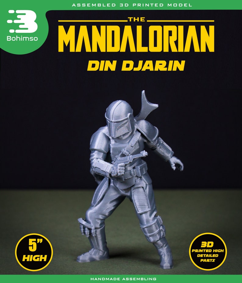 May include: A 3D printed model of The Mandalorian, Din Djarin, standing 12.7 cm tall. The model is made of grey plastic and is highly detailed. The model is assembled and ready to be displayed.