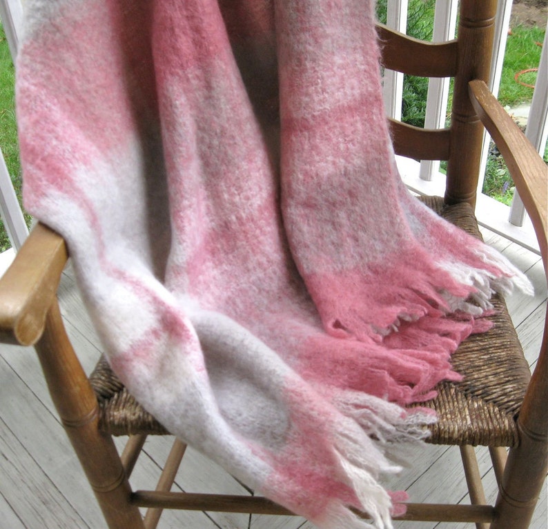 Vintage Mohair Blanket Pink and Grey Plaid Throw Etsy