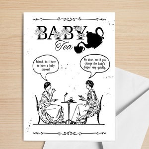 Vintage viktorianische Baby Shower Tea Party Einladungskarten und Umschläge, die den Tee auf Mutterschaft verschütten, viktorianische Baby Shower Tea Party