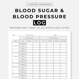 May include: Printable blood sugar and blood pressure log with a blank table to track daily readings. The table includes columns for date, meal, before, after, time, systolic, diastolic, and heart rate.