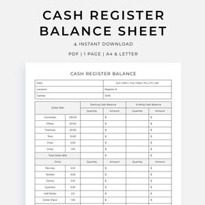 Balance de caja registradora, registro de cajero para el recuento diario de efectivo, seguimiento de billetes, monedas y depósitos, imprimible en formato A4/Carta.