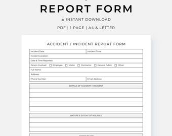 Printable Accident / Incident Report Form, Record All Incidents in Your Business, Industry, and More, PDF, A4/Letter, Instant Download