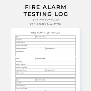 Può includere: Un registro di test degli allarmi antincendio stampabile in formato PDF. Il documento include campi per data, luogo, controlli allarme, azione richiesta, ora di ispezione e commenti. Progettato per formati A4 e Letter.